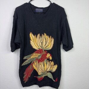 Vintage Herman Geist Sweater Women M Black Hand Embroidered Knit Parrot Tropical